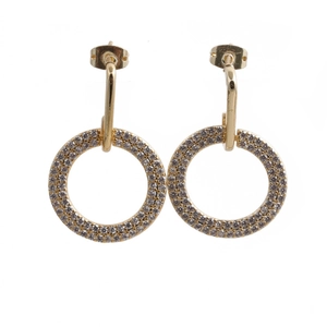 Elegant gold circular stud earrings featuring micro-pave rainbow rhinestones on white background