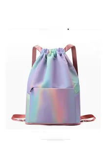 Detail of a large waterproof drawstring backpack with iridescent gradient color pattern