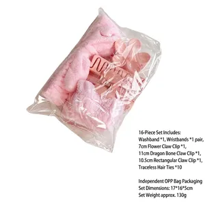 16-piece pink hair accessory set including soft headband, wristbands, and hair clips