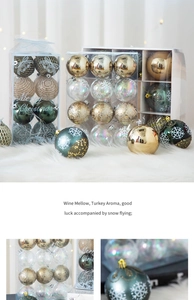 Detail of Christmas tree balls with snowflake prints and golden glitter in a clear box