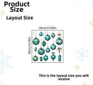 Detailed size chart for Christmas ball wall stickers with green and gold festive patterns