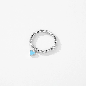 S925 sterling silver beaded stretch ring featuring a heart-shaped blue enamel pendant