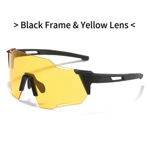 Detail of sports sunglasses with yellow lens, black frame and vented temple arms