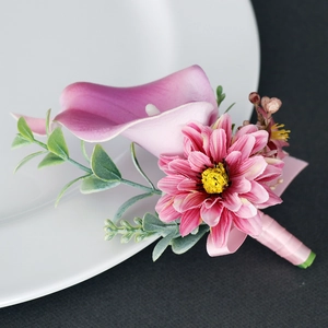 Pink calla lily and daisy wedding boutonniere with silk ribbon and artificial foliage