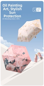 Detail of oil painting sun umbrella with UPF 50+ coating and matching storage pouch