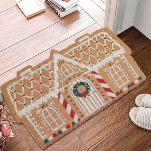 Gingerbread house Christmas rug with decorative wreaths and non-slip thick cashmere texture