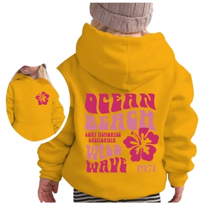 Yellow kids hoodie featuring Wild Wave 1971 floral back print and cozy ribbed cuffs
