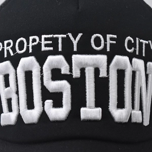 Black cotton baseball cap featuring high-quality white Boston 3D embroidery and twill texture