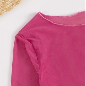Three-piece leopard print swimsuit with magenta mesh long sleeve cover-up beachwear