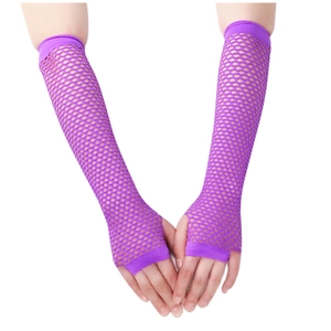 Long purple fishnet fingerless gloves for punk party outfits and stage performance