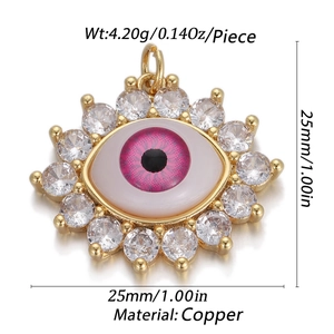 Golden copper evil eye pendant with pink zircon and white stones, 25mm diameter