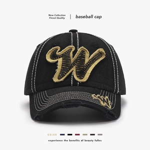 Distressed Baseball Cap Cotton W Letter Embroidery Contrast Stitching Adjustable Outdoor Sun Hat For Men Women