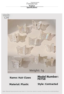 Detailed macro view showing the 2cm laser butterfly hair claw dimensions and plastic material