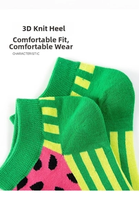 Detailed view of 3D knitted heel on a watermelon patterned cotton low cut sneaker sock