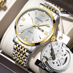 Montre à quartz étanche pour homme avec bracelet en acier argenté-doré et affichage date