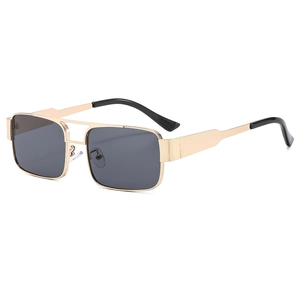 Modern retro rectangle sunglasses with gold metal frame and dark grey lenses for sun protection
