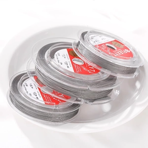 Detailed view of 7-strand nylon coated stainless steel bead wire rolls on a tray