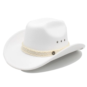 Elegant white wool cowboy hat with fringe band and golden metal M emblem