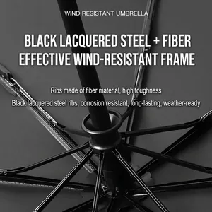 Automatic windproof umbrella with black steel and fiber reinforced frame structure