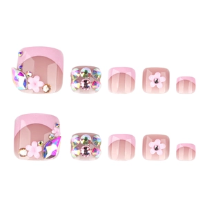 Pink French square press-on toenails with 3D floral accents and iridescent rhinestones
