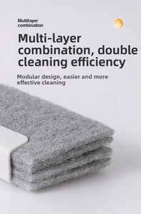 Macro shot of multilayer scouring pad fiber on a 2-in-1 window groove cleaning tool