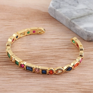 Rainbow Zircon Opening Bangle Copper Gold Plated Adjustable Geometric Shape Bracelet For Women
