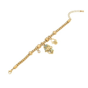 Golden Hamsa hand charm bracelet with blue evil eye enamel and sparkling crystal accents