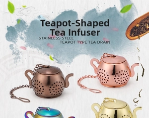 Detailed view of teapot shaped tea strainers in bronze, rose gold, rainbow, and gold finishes