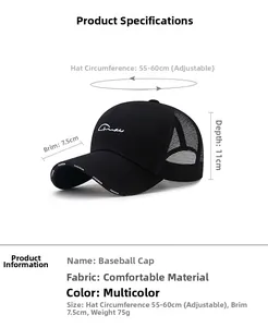 Close-up of adjustable black mesh baseball cap showing size dimensions and logo detail