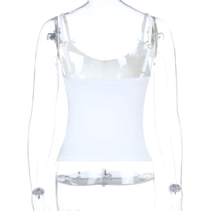 Detailed view of a white slim fit camisole top with thin straps on a transparent mannequin