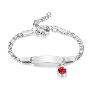Silver stainless steel Figaro chain bracelet with blank ID plate and red stone pendant