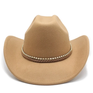 Detail of camel wool felt cowboy hat with braided leather band and gold bead chain decoration