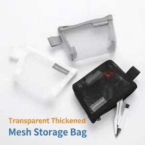Three-piece set of semi-transparent mesh storage bags with zipper for stationery