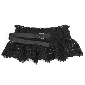 Close-up of black lace wide belt featuring elastic pleats and silver metal D-ring buckle
