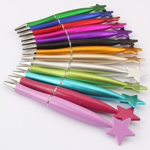 Detailed fan-shaped display of multi-colored star topper pens in various glitter finishes