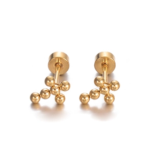 Macro detail of gold cluster stud earrings with polished geometric metal spheres