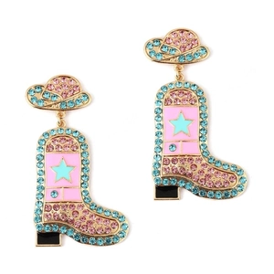 Detail of pink and blue rhinestone-encrusted cowboy hat and boot drop earrings