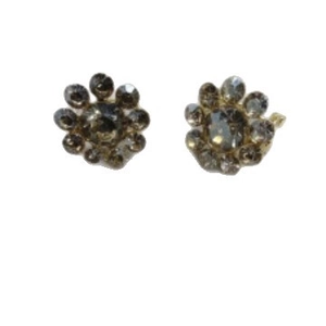 Elegant gold plated flower stud earrings with dark crystals and vintage metal base