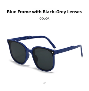 Foldable kids blue frame sunglasses with dark grey lenses and 45-degree side view detail