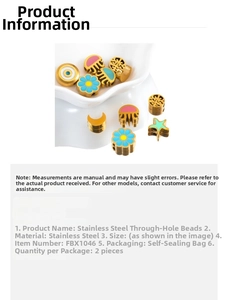 Detail of gold stainless steel enamel beads featuring floral and evil eye patterns