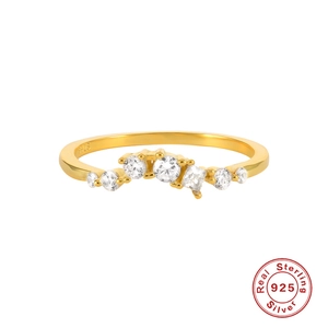 Elegant S925 sterling silver gold wave ring with sparkling clear stones and certification