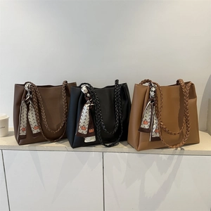 Large capacity faux leather tote bag with woven handles and decorative scarf in three colors