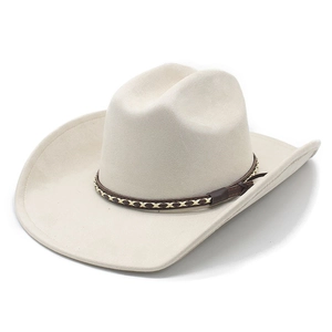 Beige faux suede western cowboy hat with wide brim and brown leather woven band