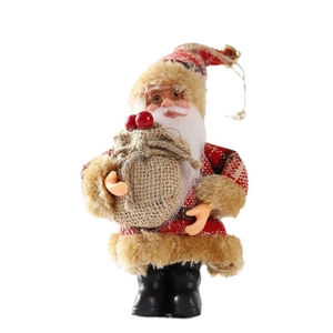 Bambola di Babbo Natale in piedi con cappotto rosso a quadri e sacco di juta decorativo