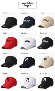 Grid display of baseball caps in various colors with SPORT and R letter embroidery
