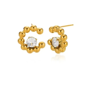 French vintage 18K gold titanium steel C-shaped hoop earrings with zircon and bead detail