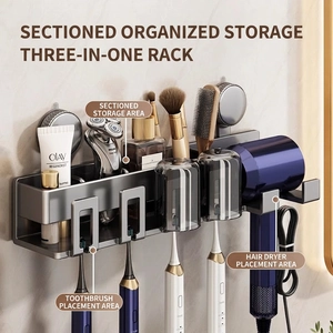 Wall-mounted dark grey multifunctional bathroom organizer with hair dryer and cup holders