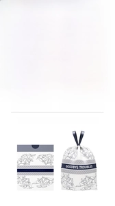 Detail showing drawstring garbage bags with floral patterns and technical specifications