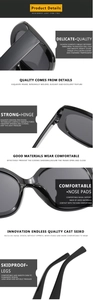 Detailed views of black oval sunglasses featuring sturdy hinges and comfortable nose pads