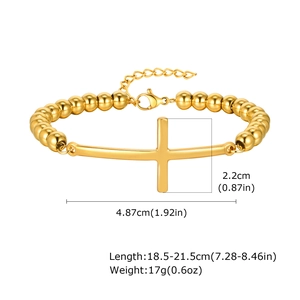 Detailed view of gold stainless steel cross bracelet with exact size measurements